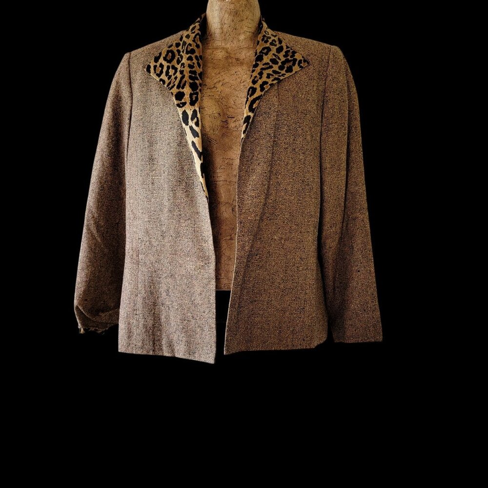 Vintage Silk Womens Tweed Blazer With Leopard Print Lapel & Cuffs
